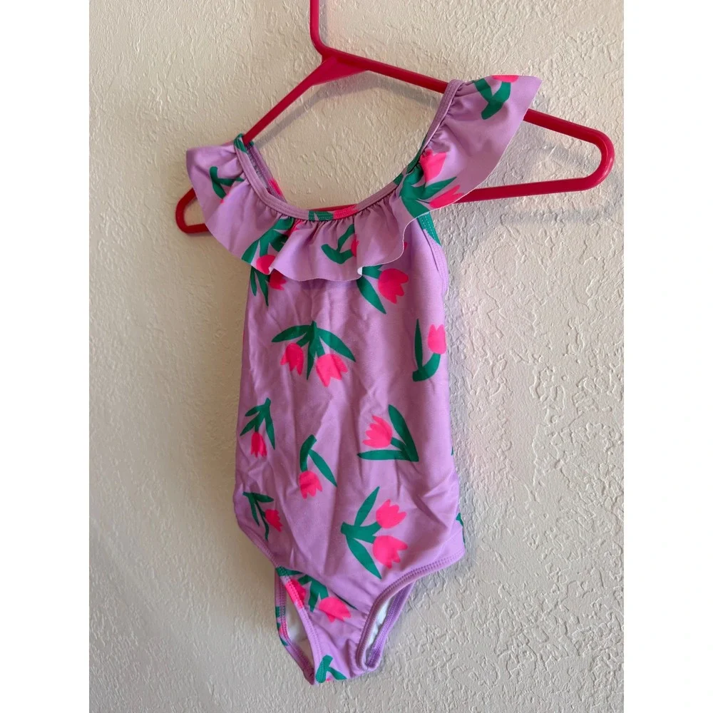 Cat & Jack Girls Purple Tulip Floral Ruffle One Piece Swimsuit 5T 328048091